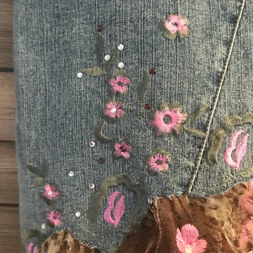 SOLD!!Fabulous Boho hippie leopard M/L denim skirt prairie cottage core - Picture 2 of 8